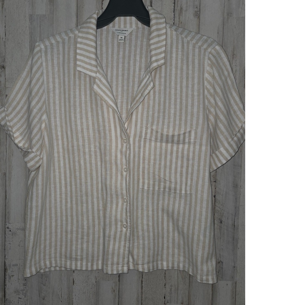 Banana Republic women M Linen Blend Striped Button Shirt Top Collared Crop